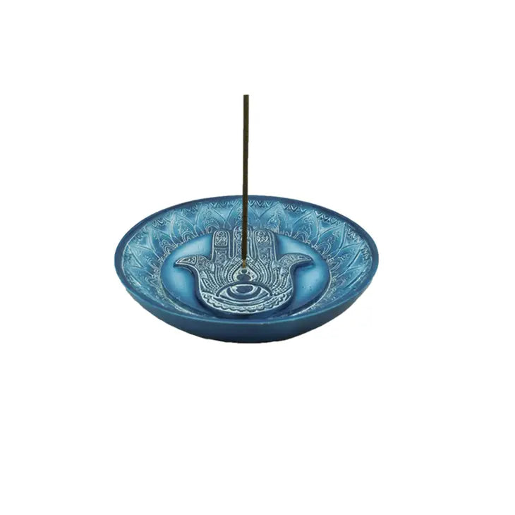 Hamsa Hand Blue Round Incense Stick Burner Holder